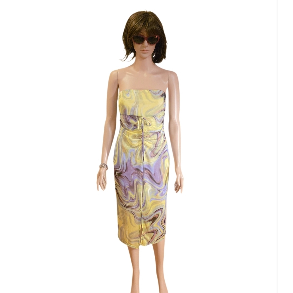 Urban Outfitters Uo Sol Mesh Strapless Midi Dress Tie Up Front With Slit, Sz SP - Picture 4 of 10